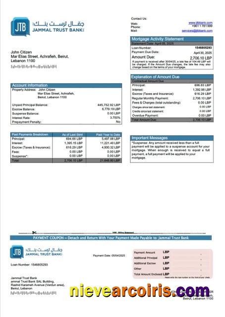 Lebanon Jammal Trust Bank mortgage statement Word and PDF template